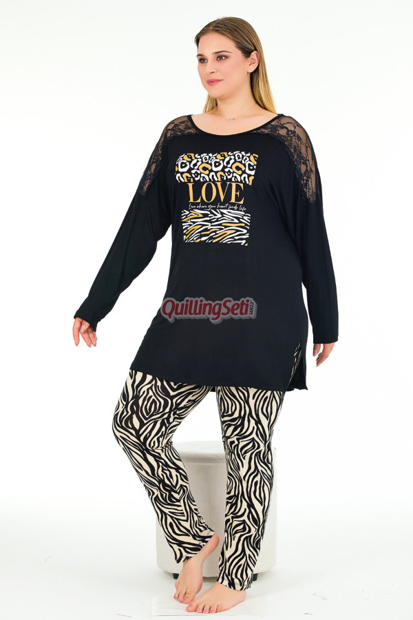 siyah renkli zebra desenli uzun kollu lady 11392 kadın büyük beden pijama takımı, battal pijama, lady-11392-2xl, büyük beden (battal boy) pijama takımları, Lady