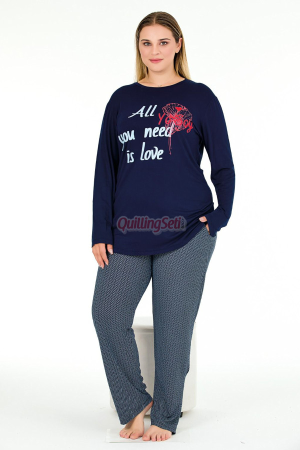 lacivert renkli ve desenli uzun kollu lady 11396 kadın büyük beden anne pijama takımı, battal pijama, 8509990005269, büyük beden (battal boy) pijama takımları, Lady