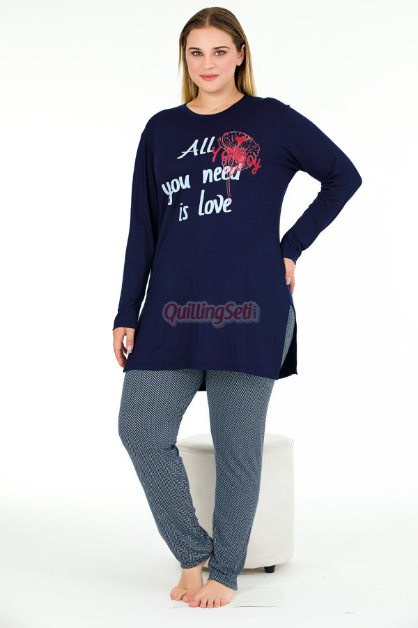 lacivert renkli ve desenli uzun kollu lady 11401 kadın büyük beden anne pijama takımı, battal pijama, 8509990005276, büyük beden (battal boy) pijama takımları, Lady