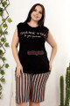 rahat ve şık kadın lady 10408 çizgi desenli siyah renk büyük beden şortlu anne pijama takımı, 8509990009847, lady pijama takımı, Lady