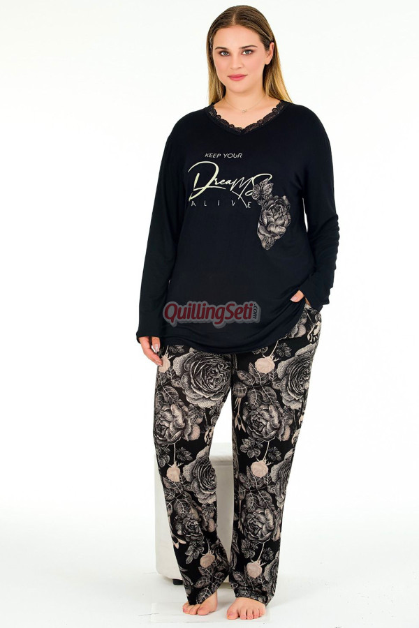 siyah renkli ve çiçek desenli uzun kollu lady 11381 kadın büyük beden anne pijama takımı, battal pijama, 8509990005399, büyük beden (battal boy) pijama takımları, Lady