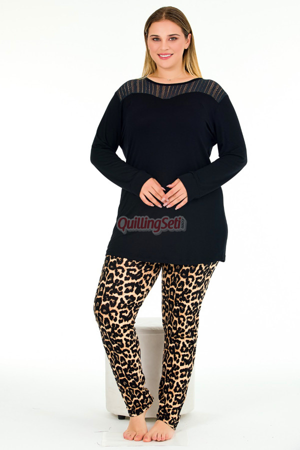 siyah renkli leopar desenli uzun kollu lady 11387 kadın büyük beden anne pijama takımı, battal pijama, 8509990005184, büyük beden (battal boy) pijama takımları, Lady