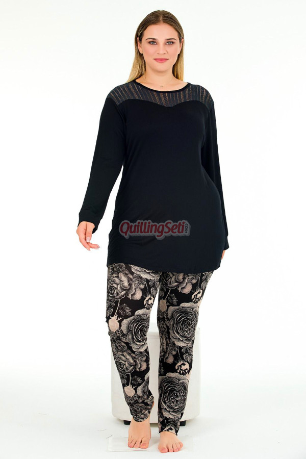 siyah renkli çiçek desenli uzun kollu lady 11390 kadın büyük beden anne pijama takımı, battal pijama, 8509990005122, büyük beden (battal boy) pijama takımları, Lady