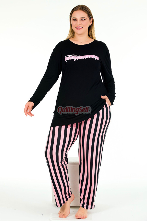 siyah renkli pembe çizgi desenli uzun kollu lady 11395 kadın büyük beden anne pijama takımı, battal pijama, 8509990005030, büyük beden (battal boy) pijama takımları, Lady