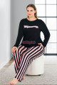 siyah renkli pembe çizgi desenli uzun kollu lady 11395 kadın büyük beden anne pijama takımı, battal pijama, 8509990005030, büyük beden (battal boy) pijama takımları, Lady