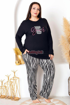 Siyah Renkli ve Çizgili Desen Uzun Kollu Lady 11398 Kadın Büyük Beden Anne Pijama Takımı, Battal Pijama
