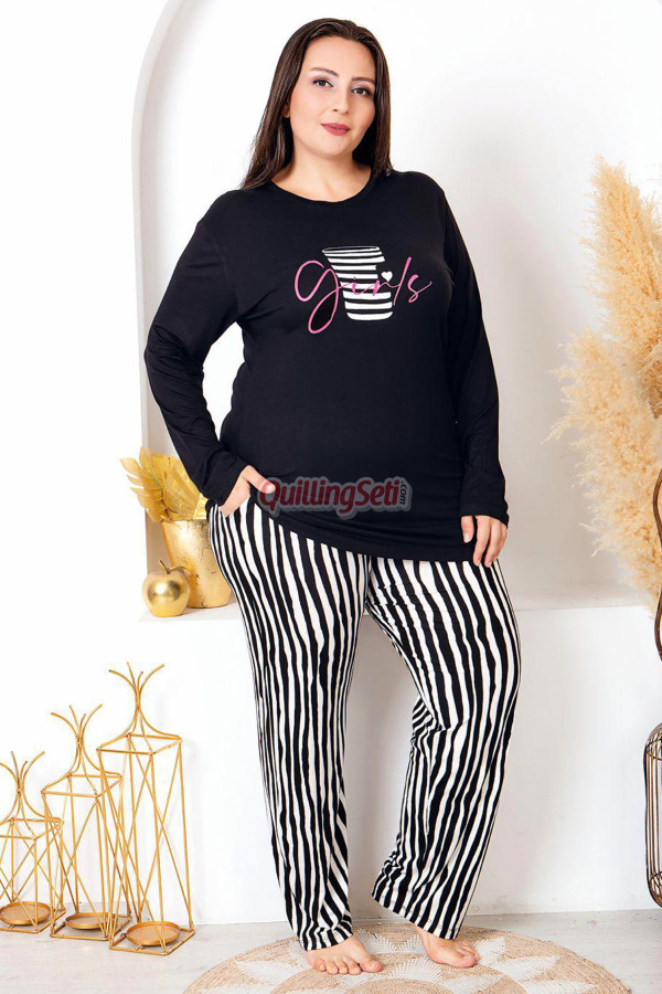 siyah renkli ve çizgili desen uzun kollu lady 11398 kadın büyük beden anne pijama takımı, battal pijama, 8509990006679, büyük beden (battal boy) pijama takımları, Lady