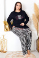 siyah renkli ve çizgili desen uzun kollu lady 11398 kadın büyük beden anne pijama takımı, battal pijama, 8509990006679, büyük beden (battal boy) pijama takımları, Lady