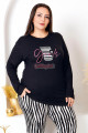siyah renkli ve çizgili desen uzun kollu lady 11398 kadın büyük beden anne pijama takımı, battal pijama, 8509990006679, büyük beden (battal boy) pijama takımları, Lady
