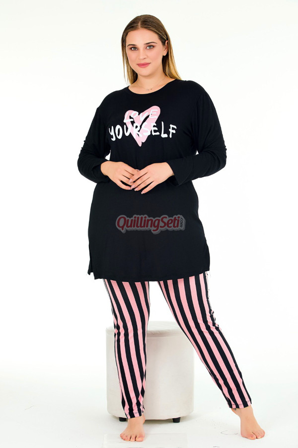 siyah renkli pembe çizgi desenli uzun kollu lady 11400 kadın büyük beden anne pijama takımı, battal pijama, 8509990005009, büyük beden (battal boy) pijama takımları, Lady