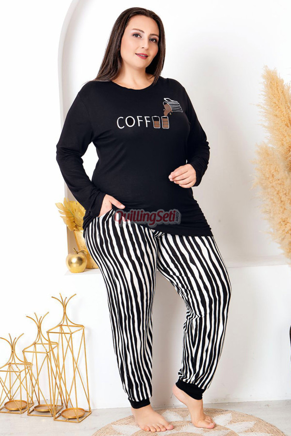 siyah renkli ve çizgili desen uzun kollu lastikli paça lady 11402 kadın büyük beden anne pijama takımı, battal pijama, 8509990006709, büyük beden (battal boy) pijama takımları, Lady