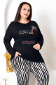 siyah renkli ve çizgili desen uzun kollu lastikli paça lady 11402 kadın büyük beden anne pijama takımı, battal pijama, 8509990006709, büyük beden (battal boy) pijama takımları, Lady