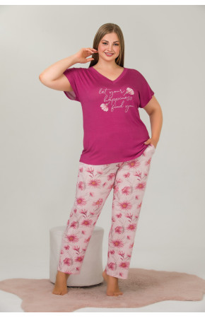 Fuşya Renk Çiçek Desenli Lady 10919 Kadın Kısa Kol Büyük Beden Pijama Takımı