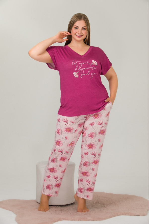 fuşya renk çiçek desenli lady 10919 kadın kısa kol büyük beden pijama takımı, lady-10919-2xl, büyük beden (battal boy) pijama takımları, Lady