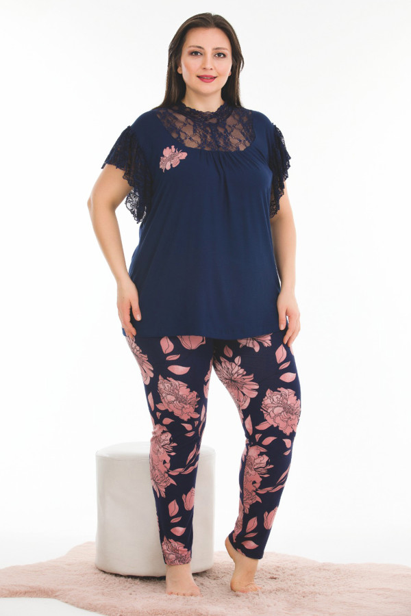 lacivert renk çiçek desenli lady 10924 kadın kısa kol büyük beden pijama takımı, lady-10924-2xl, büyük beden (battal boy) pijama takımları, Lady