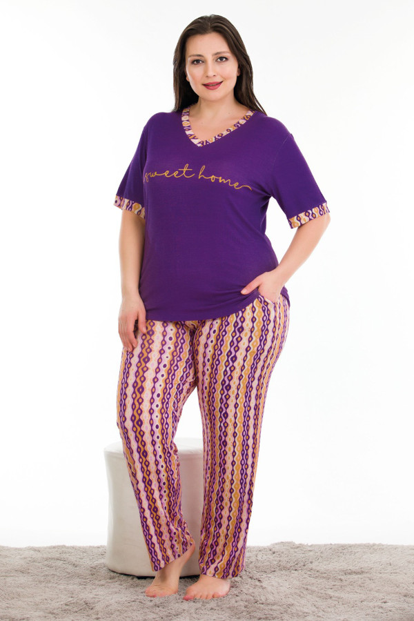 mor renk ve desenli v yaka lady 10926 kadın kısa kol büyük beden pijama takımı, ub-lady10926-2xl, büyük beden (battal boy) pijama takımları, Lady