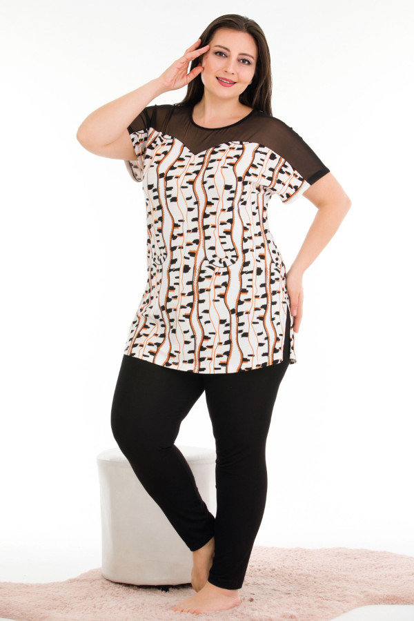 siyah - beyaz renk ve desenli lady 10931 kadın kısa kol büyük beden pijama takımı, ub-lady10931-2xl, büyük beden (battal boy) pijama takımları, Lady