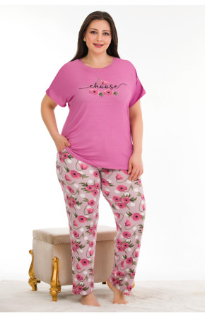 Pembe Renk Çiçek Desenli Lady 10939 Kadın Kısa Kol Büyük Beden Pijama Takımı