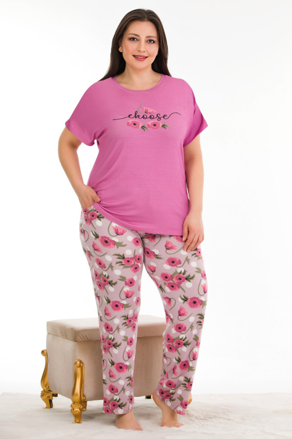 pembe renk çiçek desenli lady 10939 kadın kısa kol büyük beden pijama takımı, ub-lady10939-2xl, büyük beden (battal boy) pijama takımları, Lady