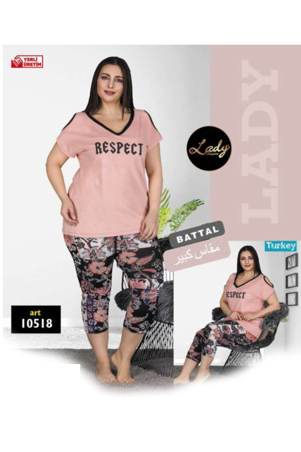 lady 10518 büyük beden somon renk ve  desenli kapri pijama takımı, lady-10518, lady pijama takımı, Lady