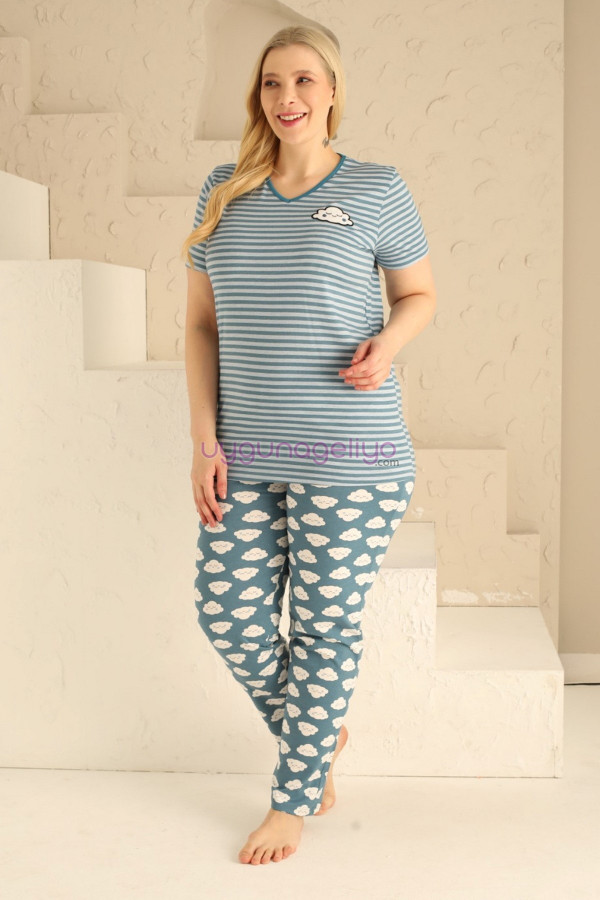 yeşil renk ve çizgi desenli p-3501 kadın teknur büyük beden anne pijama takımı, eli̇t0p3501, teknur pijama takımı, Teknur