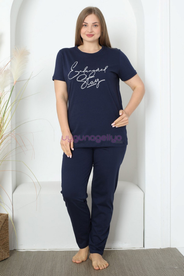 lacivert renk ve önü yazılı p-3513 kadın teknur büyük beden anne pijama takımı, eli̇t0p3513, teknur pijama takımı, Teknur