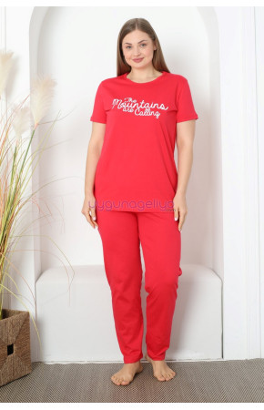 Kırmızı Renk ve Önü Yazılı P-3514 Kadın Teknur Büyük Beden Anne Pijama Takımı 