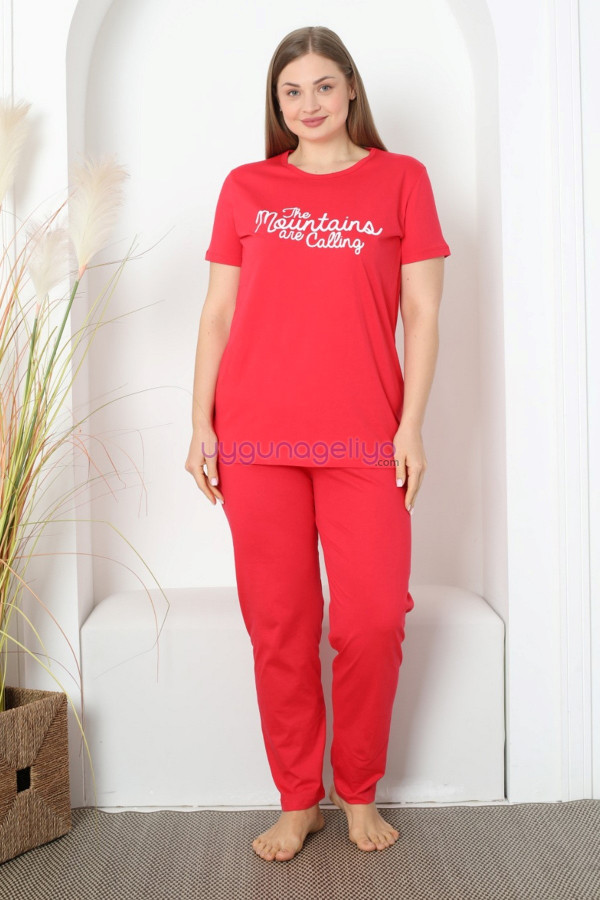 kırmızı renk ve önü yazılı p-3514 kadın teknur büyük beden anne pijama takımı, eli̇t0p3514, teknur pijama takımı, Teknur