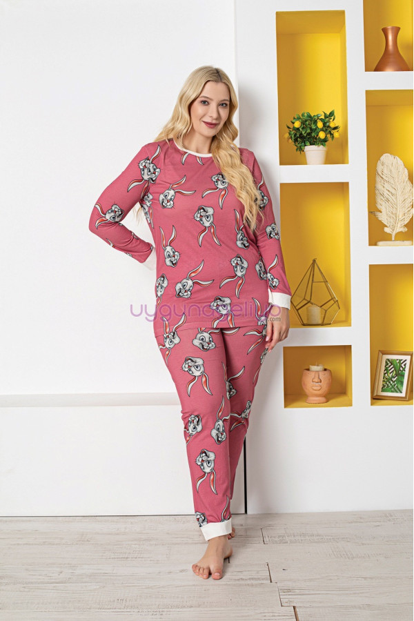 pembe renk ve tavşan figürlü79029 modal kumaş teknur kadın büyük beden anne pijama takımı, teknur-79029, teknur pijama takımı