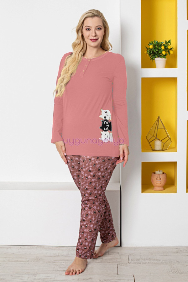 gül kurusu renk ve kedi figürlü79063 modal kumaş teknur kadın büyük beden anne pijama takımı, teknur-79063, teknur pijama takımı, Teknur