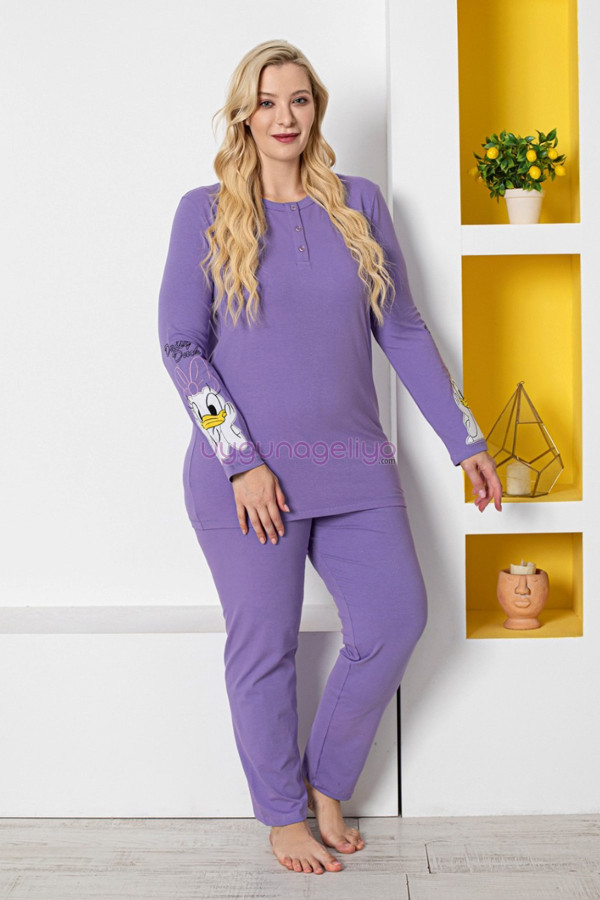 lila renk ve ördek figürlü79073 modal kumaş teknur kadın büyük beden anne pijama takımı, teknur-79073, teknur pijama takımı