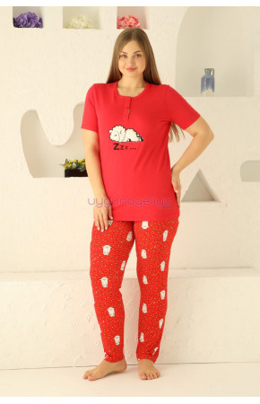 Kırmızı Renk ve Kuzu Desenli 79501 Modal Kısa Kol Teknur Kadın Büyük Beden Anne Pijama Takımı 