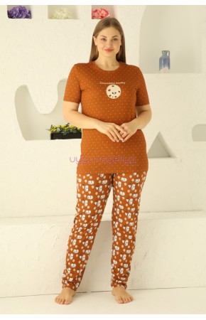 Kahverengi ve Puantiye Desenli 79502 Modal Kısa Kol Teknur Kadın Büyük Beden Anne Pijama Takımı 