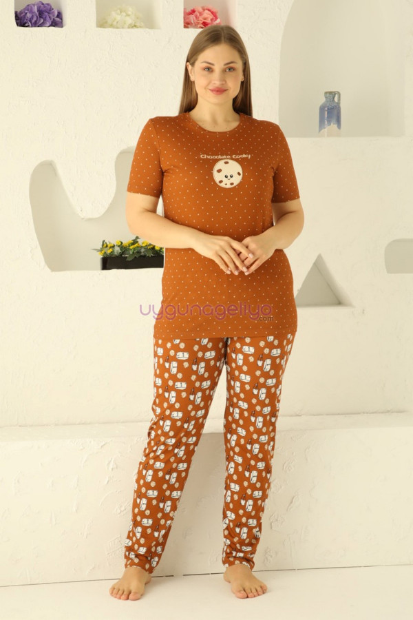 kahverengi ve puantiye desenli 79502 modal kısa kol teknur kadın büyük beden anne pijama takımı, tknr-79502, teknur pijama takımı, Teknur