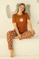 kahverengi ve puantiye desenli 79502 modal kısa kol teknur kadın büyük beden anne pijama takımı, tknr-79502, teknur pijama takımı, Teknur