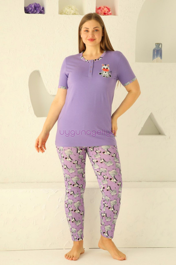 lila renk ve zebra desenli 79503 modal kısa kol teknur kadın büyük beden anne pijama takımı, tknr-79503, teknur pijama takımı