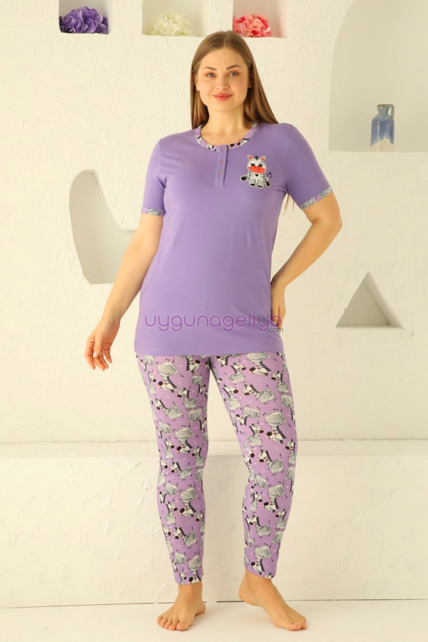 lila renk ve zebra desenli 79503 modal kısa kol teknur kadın büyük beden anne pijama takımı, tknr-79503, teknur pijama takımı, Teknur