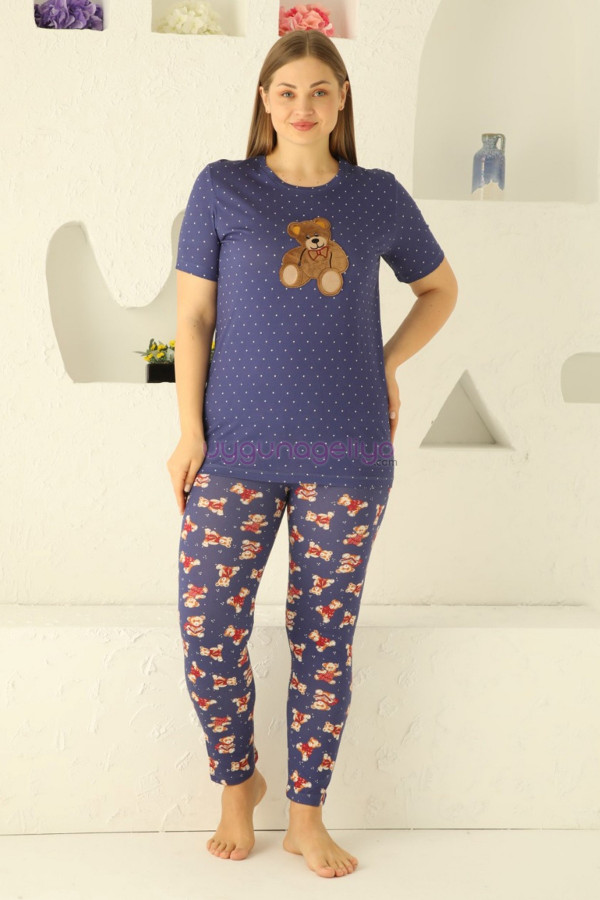 lacivert renk ve ayıcık desenli 79504 modal kısa kol teknur kadın büyük beden anne pijama takımı, tknr-79504, teknur pijama takımı, Teknur