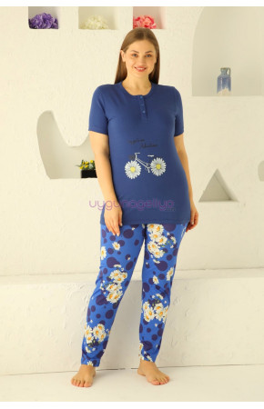 Lacivert Renk ve Papatya Desenli 79507 Modal Kumaş Teknur Kadın Büyük Beden Anne Pijama Takımı 