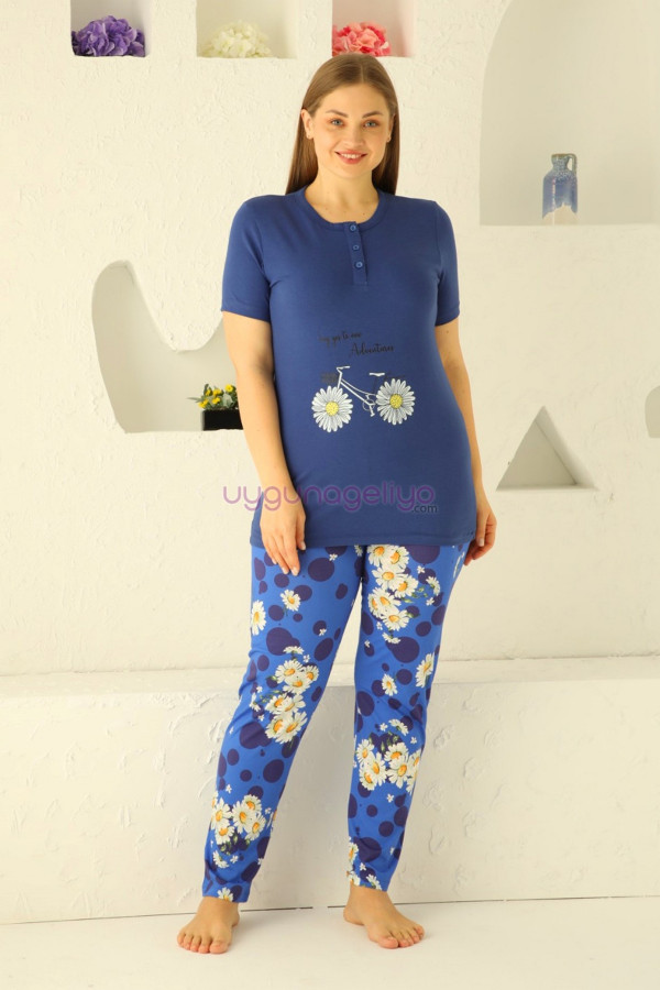 lacivert renk ve papatya desenli 79507 modal kumaş teknur kadın büyük beden anne pijama takımı, eli̇t0079507, teknur pijama takımı