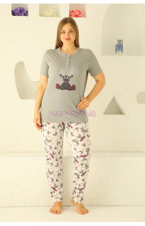 Gri Renk ve Geyik Desenli 79508 Modal Kumaş Teknur Kadın Büyük Beden Anne Pijama Takımı 
