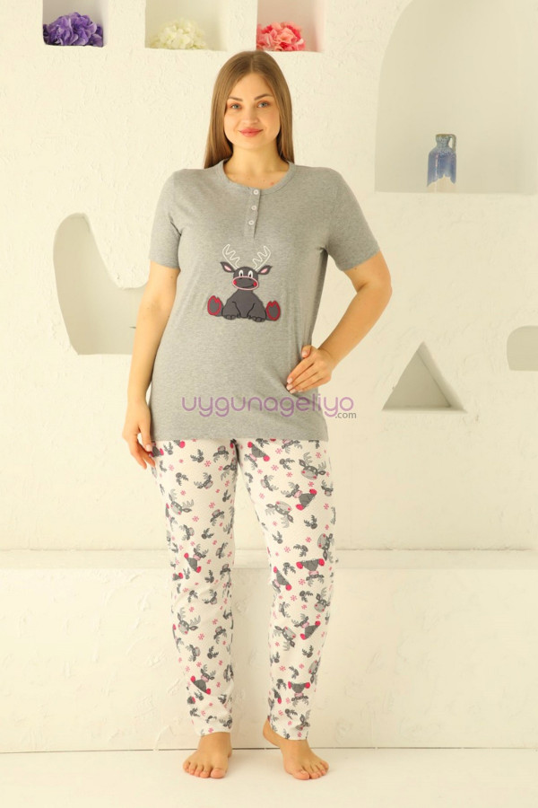 gri renk ve geyik desenli 79508 modal kumaş teknur kadın büyük beden anne pijama takımı, eli̇t0079508, teknur pijama takımı