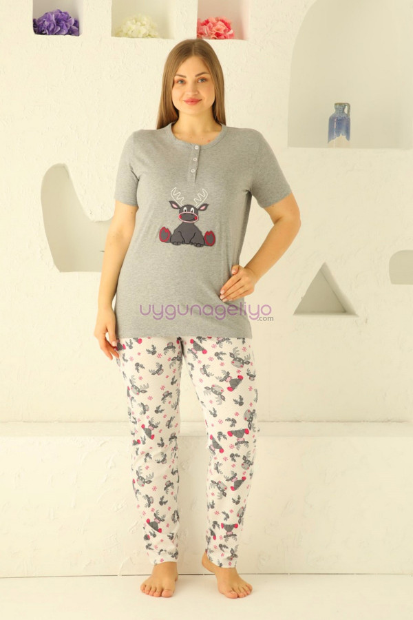 gri renk ve geyik desenli 79508 modal kumaş teknur kadın büyük beden anne pijama takımı, eli̇t0079508, teknur pijama takımı, Teknur
