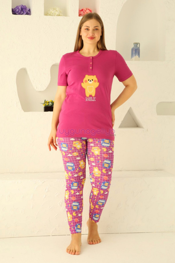 fuşya renk ve desenli 79510 modal kumaş teknur kadın büyük beden anne pijama takımı, eli̇t0079510, teknur pijama takımı