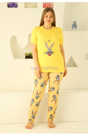 Sarı Renk ve Tavşan Desenli 79511 Modal Kumaş Teknur Kadın Büyük Beden Anne Pijama Takımı 