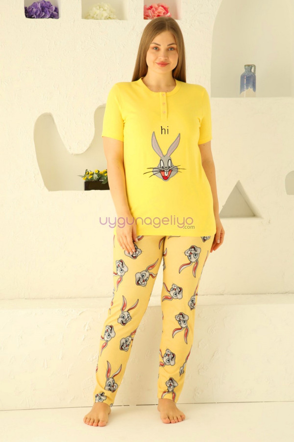sarı renk ve tavşan desenli 79511 modal kumaş teknur kadın büyük beden anne pijama takımı, eli̇t0079511, teknur pijama takımı, Teknur