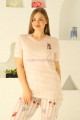 krem renk ve çizgi desenli 79512 modal kumaş teknur kadın büyük beden anne pijama takımı, eli̇t0079512, teknur pijama takımı