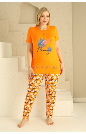 Sarı Renk ve Flamingo Desenli 79520 Modal Kumaş Teknur Kadın Büyük Beden Anne Pijama Takımı 
