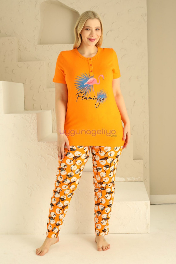 sarı renk ve flamingo desenli 79520 modal kumaş teknur kadın büyük beden anne pijama takımı, eli̇t0079520, teknur pijama takımı