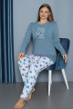 mavi renk yuvarlak yaka teknur p3055 uzun kol pamuklu büyük beden kadın pijama takımı, teknur-p3055, teknur pijama takımı
